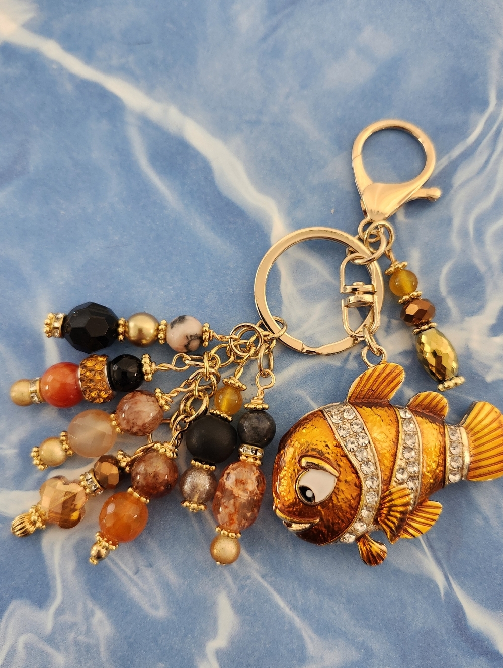 Clown Fish Purse Charm or Keychain Fire Agate Stone Glass Handcrafted